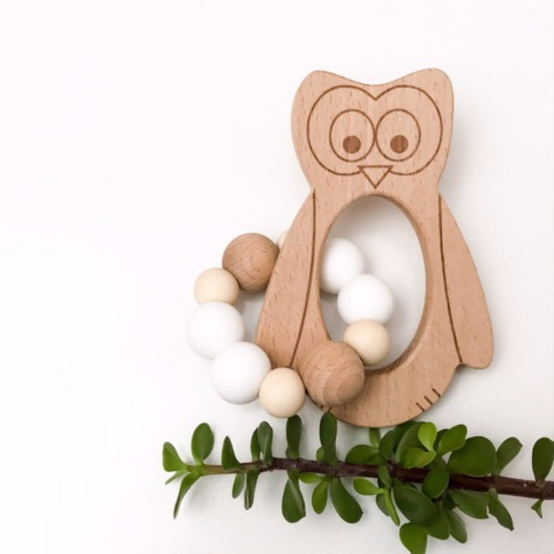 Wise Owl Silicone And Beech Wood Rattle Teether